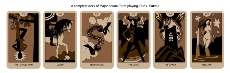 A complete deck of Major Arcana Tarot playing Cards in brown and black colors. Part III. Vector illustration in vintage cartoon minimalism flat style