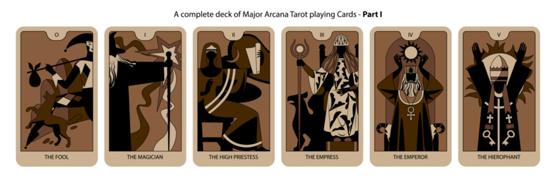 A complete deck of Major Arcana Tarot playing Cards in brown and black colors. Part I. Vector illustration in vintage cartoon minimalism flat style