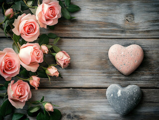 Fototapeta premium Valentine's Day banner with pink roses and a stone heart on wood