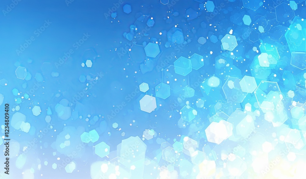 Poster light blue background with hexagons and white bokeh effect, soft gradient at the bottom edge, pale y