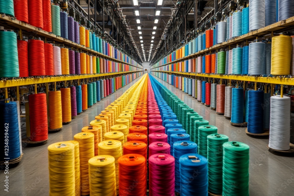 Poster Vibrant display of colorful thread spools in a large textile warehouse during the day