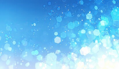 Light blue background with hexagons and white bokeh effect, soft gradient at the bottom edge, pale yellow accents