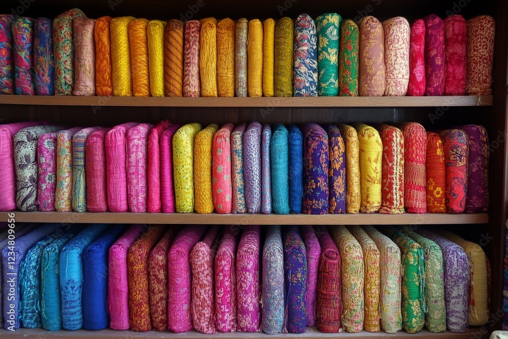 Poster colorful display of rolled textiles arranged neatly on wooden shelves in a vibrant market setting