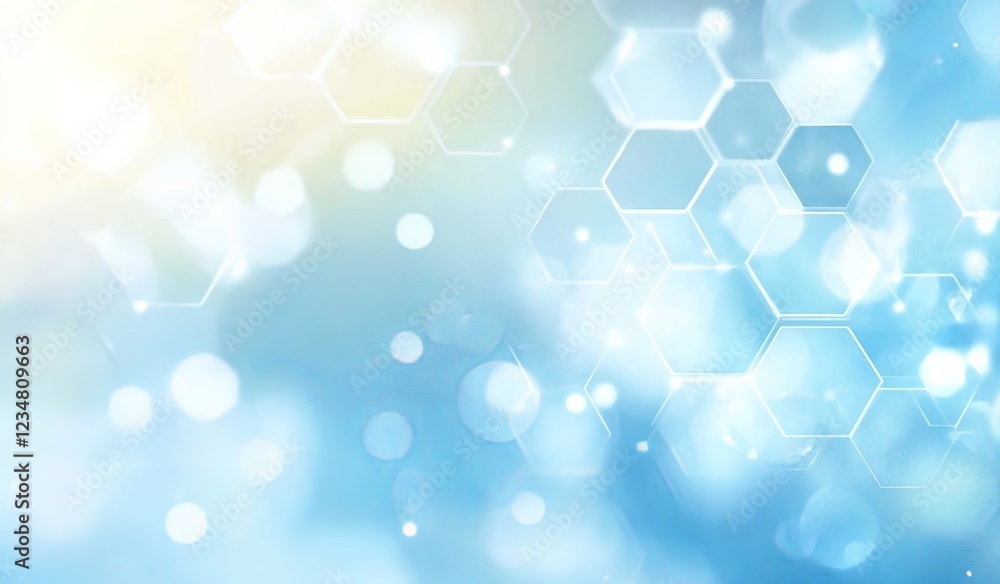 Wall mural light blue background with hexagons and white bokeh effect, soft gradient at the bottom edge, pale y
