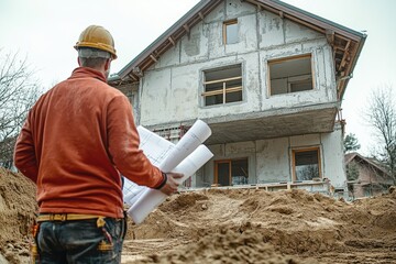 A construction worker standing in front of a home remodel project, holding blueprints, with half the house renovated and half still under construction, copy space background