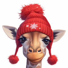 Portrait of giraffe in red hat on white background