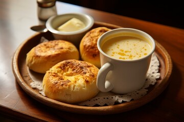 Small round loaves of bread sit on a wooden tray beside a hot beverage and butter