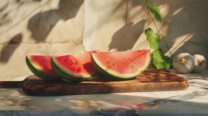Fresh Watermelon Slices on Wooden Cutting Board
