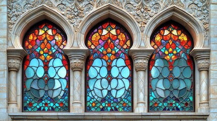 Fototapeta premium Colorful stained glass windows in ornate stone archways