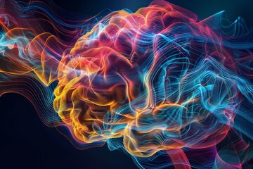 Obraz premium Fractal inspired brain with colorful energy waves representing neuroplasticity and thought patterns