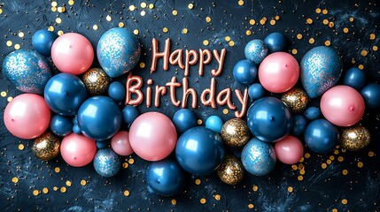 Happy Birthday Balloons Celebration: A Festive Arrangement of Pink and Blue Balloons with Gold Confetti