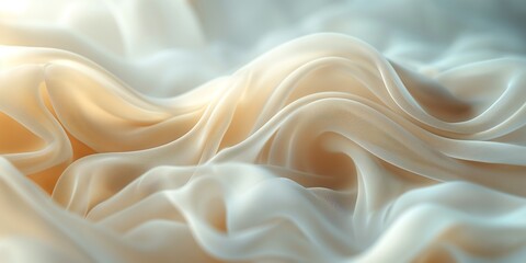 Fototapeta premium Close-up of delicate, flowing silk fabric with soft, ethereal light, showcasing texture and elegance.
