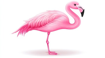 Pink flamingo standing, profile view, white background, tropical bird illustration, ideal for branding