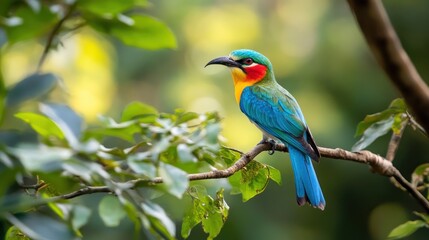 Fototapeta premium A Vibrant Blue-Tailed Bee-Eater Bird Perched on a Branch
