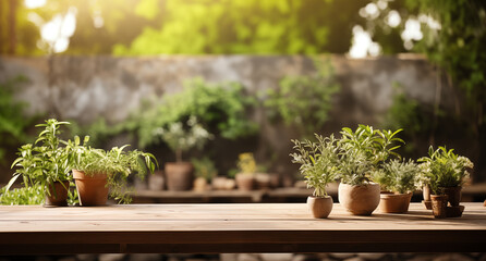 Sunlit wooden table adorned with various potted plants, creating a serene and natural outdoor ambiance in a garden setting.