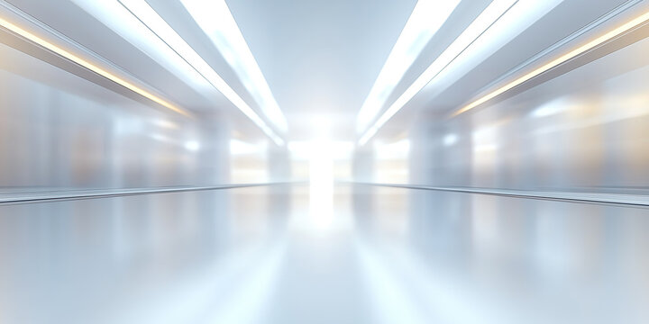 Empty space inside futuristic room, showroom, spaceship, hall or studio in perspective. Include ceiling, hidden light, white floor and abstract shape. Modern interior background of future, technology.