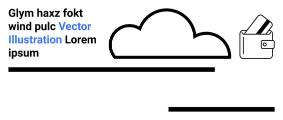 Cloud icon and wallet with cards, brief placeholder text in blue and black on minimalist background. Ideal for fintech, finance, cloud storage, online payments, digital transactions, minimal design