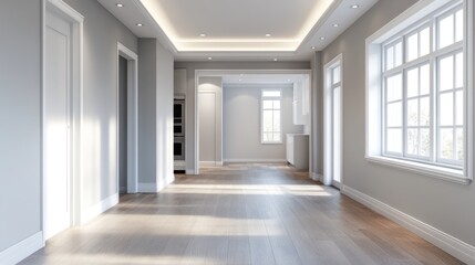 Fototapeta premium Sunlit Empty Room with White Walls, Doors, and Windows