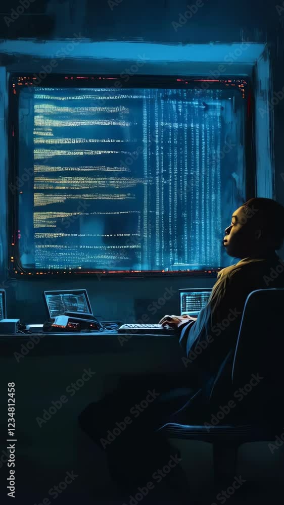 Aufkleber man is sitting at a desk in front of a computer monitor. 4k video