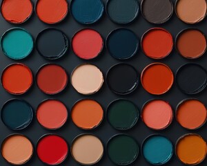 A vibrant collection of round makeup pans displaying a variety of colors, perfect for creative looks and artistic expression.