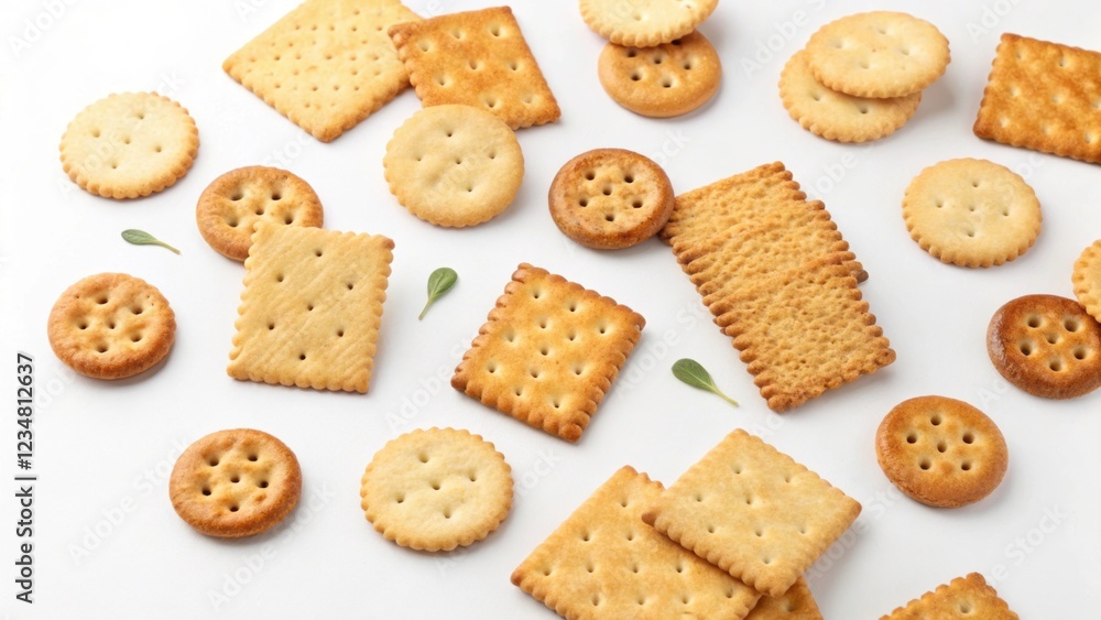 Poster round and square crackers with small leaves arranged on a white surface create an appetizing display