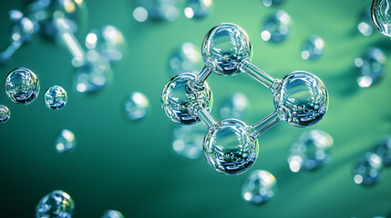 A close-up image of water bubbles and a molecular structure, showcasing the beauty of chemistry and molecular interactions in a vibrant green background.