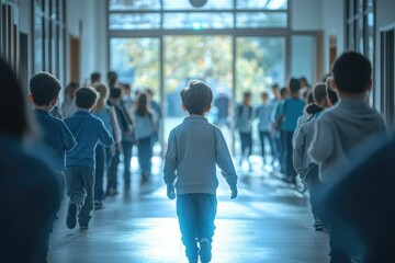A school evacuation drill, with children and teachers in an orderly line exiting the building toward a safe assembly area, copy space background