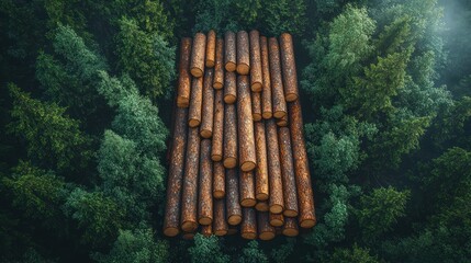 Harvested logs in forest, aerial view, deforestation impact