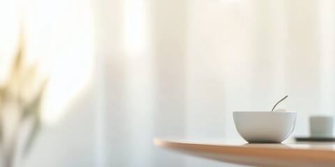 Cozy morning scene with a white cup and spoon on a minimalist table against soft, blurred curtains in the background.