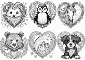 Adorable couple of valentine animals with heart. Animals for coloring book.Line art design for kids coloring page. Vector illustration. Isolated on white background. 