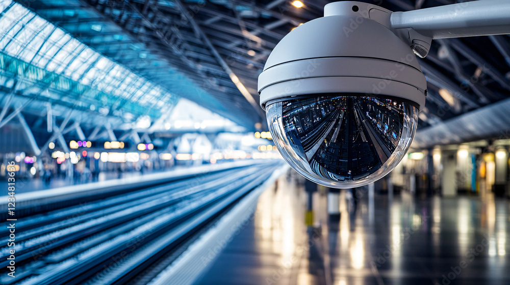 Poster a modern surveillance camera is prominently displayed at a spacious train station, capturing the sle