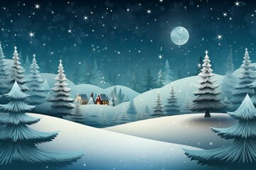 Winter wonderland scene depicting snowy hills, houses, fir trees, full moon, and falling snow at night, creating a magical christmas atmosphere