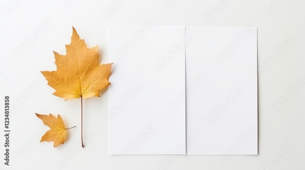 Poster two blank sheets of paper with autumn leaves on a flat lay surface creating a serene and chaotic nat