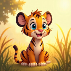 Playful Cartoon Tiger Cub with Big Blue Eyes Sitting in Grass