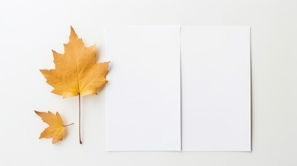 Two blank sheets of paper with autumn leaves on a flat lay surface creating a serene and chaotic nature-inspired mockup composition