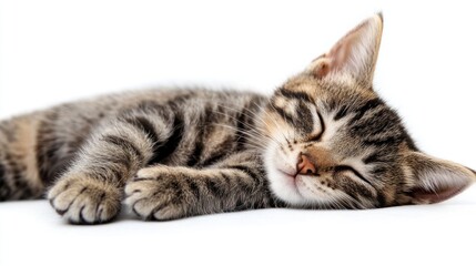 Obraz premium A Tabby Kitten Sleeping on a White Background