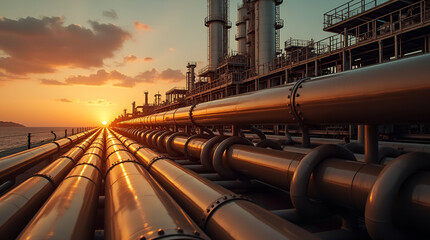 Industry pipeline transport petrochemical, gas and oil processing factory line, rack of heat chemical manufacturing, equipment steel pipes plant