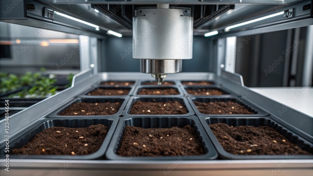 Poster automated machine seeding seed trays with soil and seeds in a vertical farming system, promoting sus
