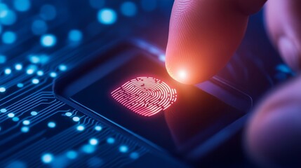 Close-up of a finger scanning a digital fingerprint on a futuristic device with glowing circuit patterns