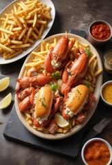 A steaming hot plate of lobster rolls served with a side of crispy fries , , restaurant platter