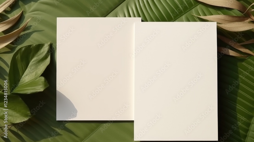 Aufkleber two blank papers mockup on flat lay leaf background with natural chaos elements in a calm and serene