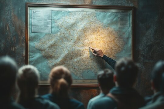 An evacuation map mounted on a wall, with a person pointing at the nearest exit while explaining the plan to a group, copy space background