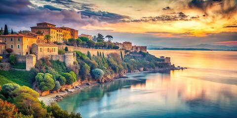 Obraz premium Populonia's ancient past and present coastline blend in an AI-generated double exposure, a captivating visual.