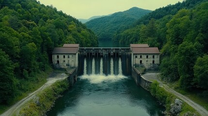 Fototapeta premium Mountain River Dam, Water Flowing Over Dam, Green Forest Landscape, Aerial View