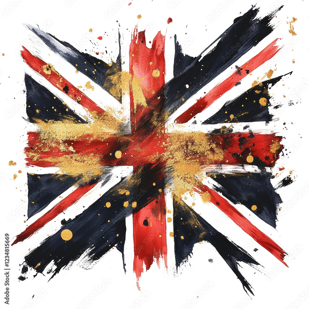 Poster an abstract artistic rendition of the british flag using bold red black and gold paint strokes and s