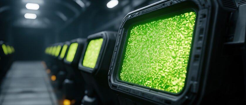 A row of screens emits a vibrant green glow, set in a dark, futuristic environment, hinting at advanced technology or an alien setting.
