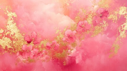 Abstract Pink Floral Painting with Gold Accents