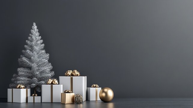 Silver tree, gift boxes on floor, dark background, holiday