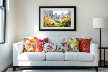 A clean black frame hanging in a modern living room, white couch and vibrant pillows below it.