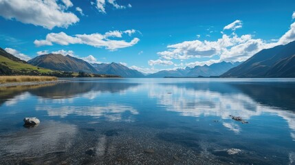 Scenic mountain lake view with reflection of sky and clouds over calm waters